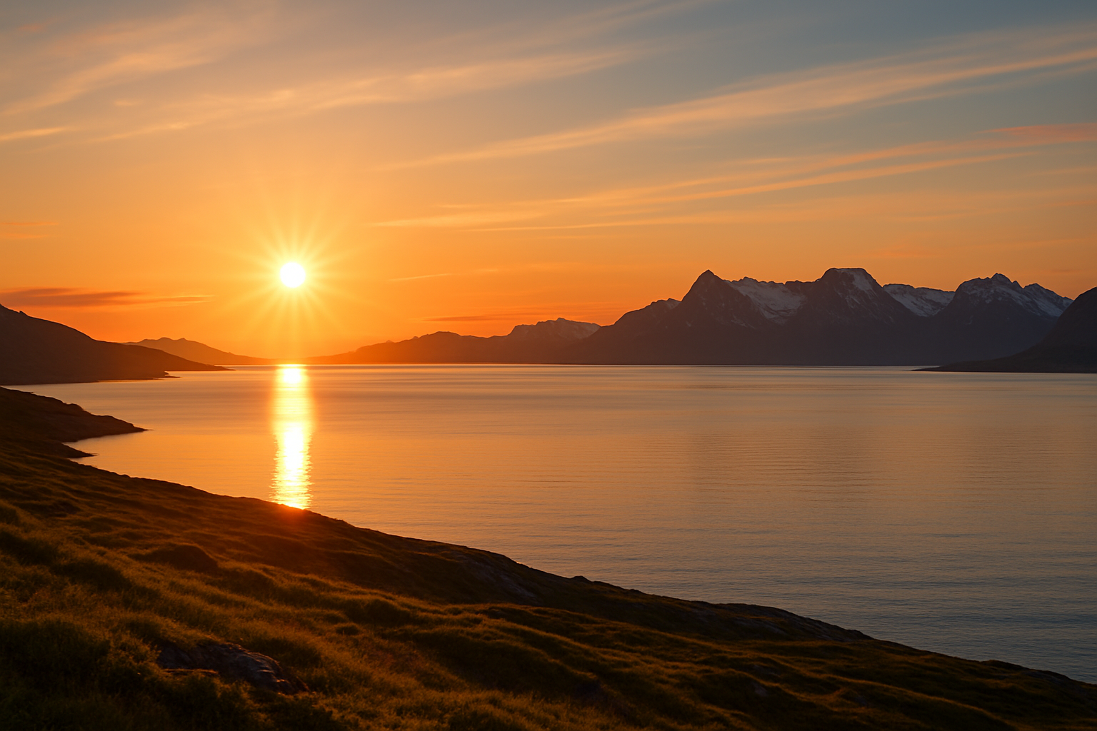 Scenic Arctic landscape showing the Midnight Sun low in the sky, illuminating calm waters, grassy hills, and distant snow-capped mountains under a colorful twilight sky