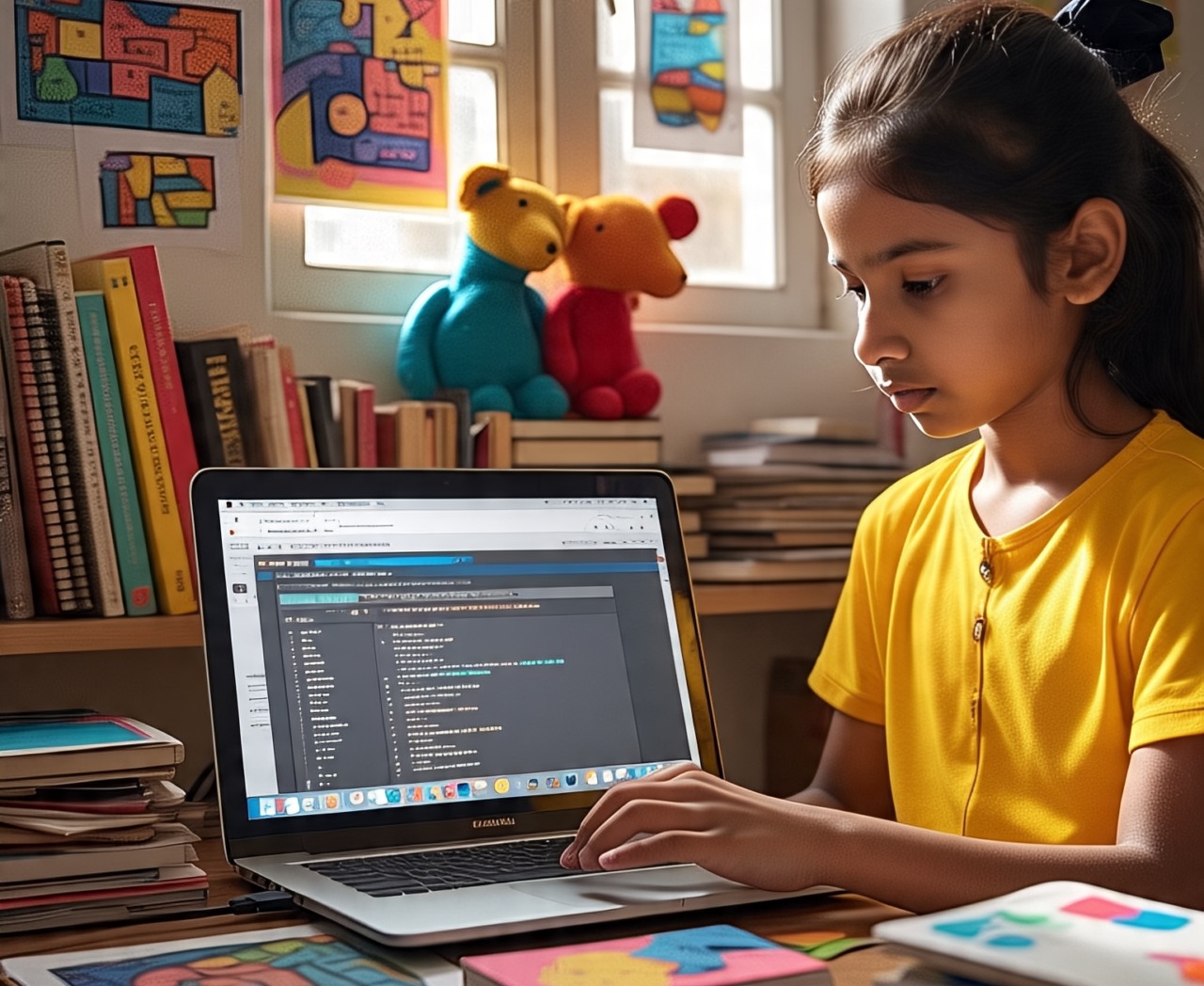 A developer’s hands typing on a laptop keyboard, with vibrant, colorful code snippets and Firebase icons glowing on the screen, evoking energy, flow, and real-time collaboration.